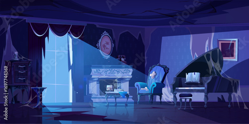 Night Victorian room interior with dusty old furniture. Vector cartoon illustration of abandoned dark house, spooky cobweb on fireplace, damaged walls and floor, moonlit classic furniture and piano