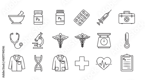 Collection of medical and healthcare icons in a distinctive silhouette style