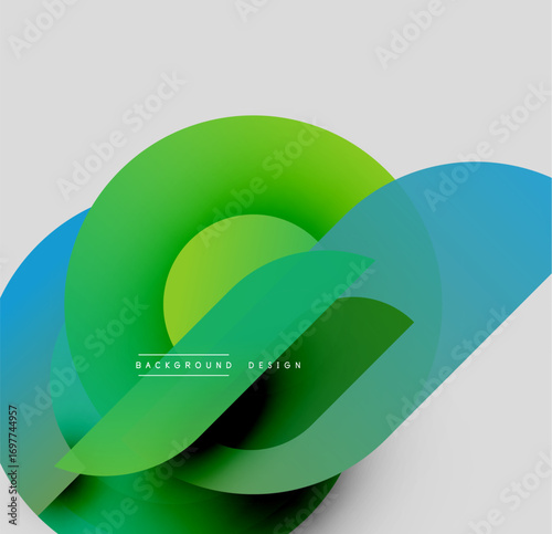 Abstract design features overlapping translucent circles. Green, blue hues blend, creating dynamic visual effect. Minimalist style.