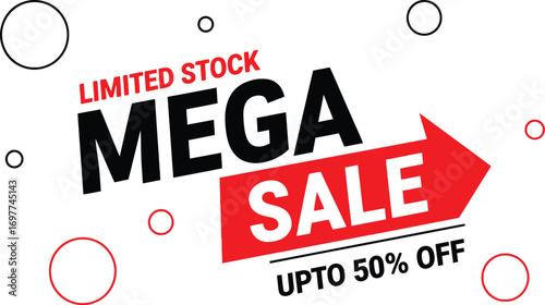 Exciting Mega Sale announcement with a bold red arrow indicating a limited stock offer up to 50% off.