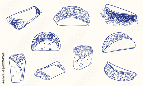 wrapped food illustration - taco - burrito - hand drawn doodle sketch vector line art collection set