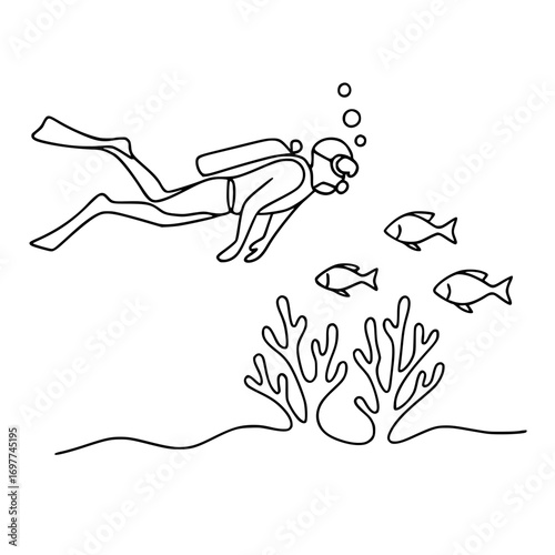 minimalist drawing of a diver and coral reef with fish