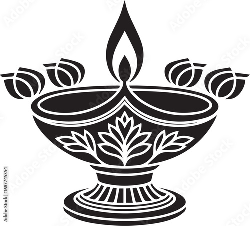 Diwali oil lamp with decorative flames and ornate base celebrating hindu festival of lights traditional indian culture transparent background