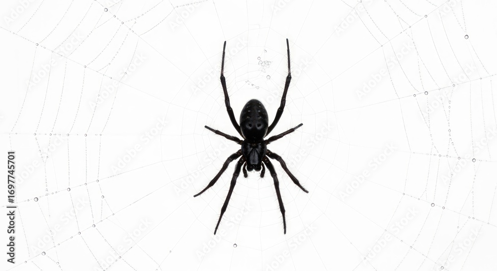 Obraz premium Spider web with dew drops and centered black spider