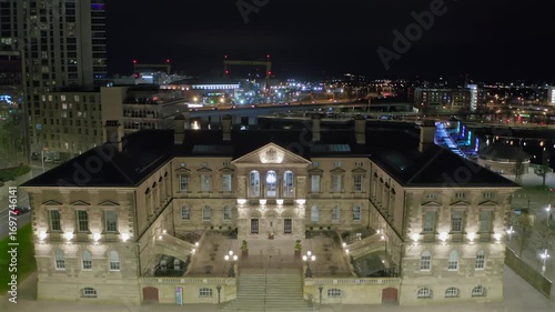 Static wide aerial shot of Belfast’s Custom House, showcasing its architectural detail and central riverside location.