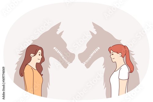 Woman werewolves with bad intentions smile, hiding evil nature and desire to harm partner. Girls werewolves with shadow of wolves demonstrate duplicity and aggression hidden behind positive emotions