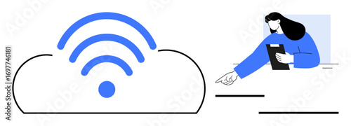 Cloud with wireless internet signal next to a woman holding a tablet, pointing to data. Ideal for cloud computing, networking, connectivity, remote work, communication, teamwork, simple landing page