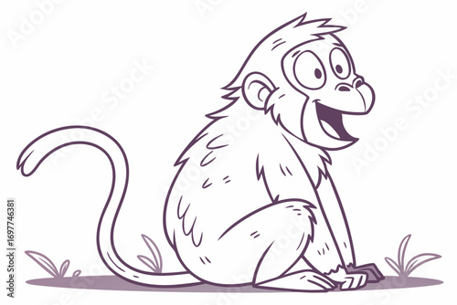 Cartoon Outlined Monkey Sitting on Ground White Background