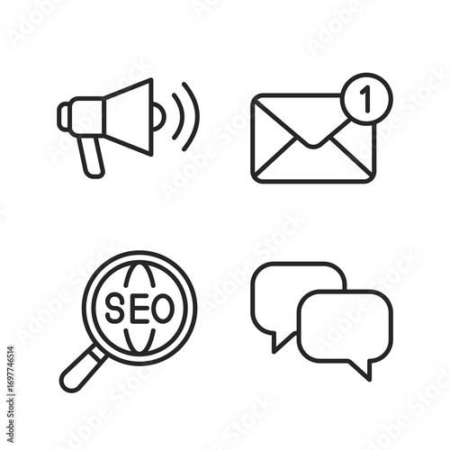 Stylized vector icons for digital communication and marketing—featuring SEO, email alerts, messaging, and promotion. Ideal for apps, infographics, and branding visuals