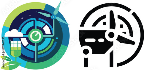 Vector art of abstract circular graphic representing renewable energy with wind turbine and cloud elements, alongside a black and white icon version.