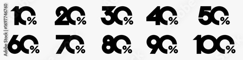 set of collection of discount numbers black color, Sale icons or tags with 10, 20, 30, 40, 50, 60, 70, 80, 90 percent discount. Vector illustration.