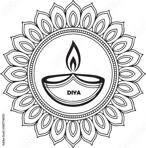 Diwali festival decorative oil lamp diya emblem with intricate floral mandala pattern for celebration and spiritual light symbolism transparent background