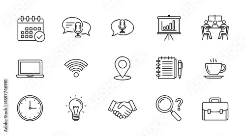 Collection of business and office icons in a sketchy silhouette style