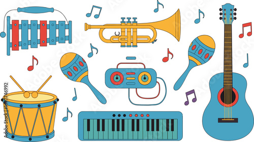 Vibrant collection of cartoon musical instruments and notes, perfect for educational and creative projects.