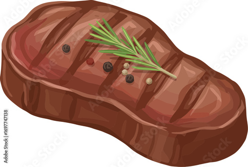 Realistic Styled Grilled Steak with Rosemary and Pepper Illustration