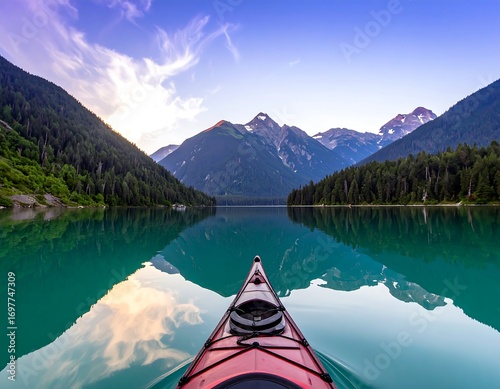 Kayaking on a serene alpine lake at sunrise (1)