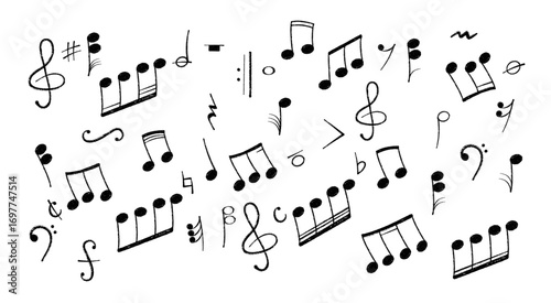 Crayon pastel or chalk music note signs doodle hand drawn symbol shapes set. Chalkboard textured musical symbols treble, bass clefs, pauses doodle collection.