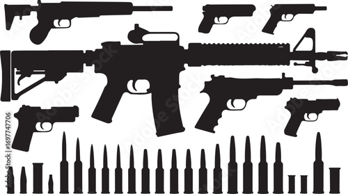Firearms Icons Set Black Silhouette on Transparent Background Weapons Ammunition Bullets Guns