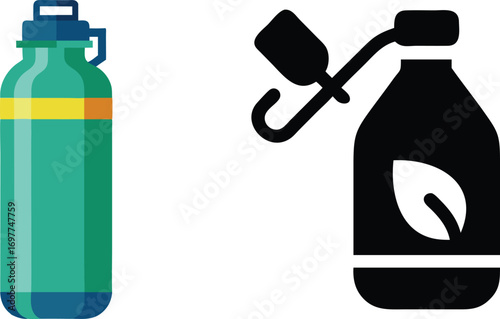 Vector art of green reusable water bottle and its black silhouette icon with a leaf symbol.