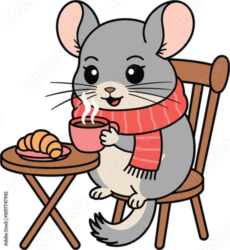 Cute chinchilla enjoying coffee and croissant at a small table