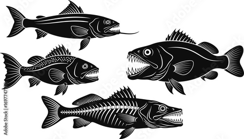 Four stylized, menacing fish illustrations with sharp teeth and detailed skeletons