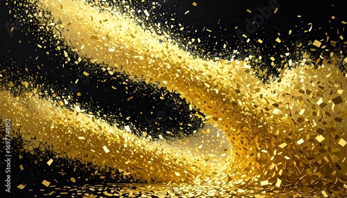 Golden confetti explosion on black background