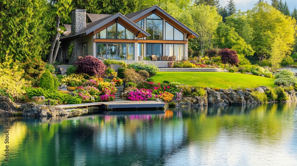 Fototapeta premium Luxurious lakeside bungalow with large bay windows a private dock and a serene garden filled with colorful flowers with the lake and forest reflecting the homes elegant design