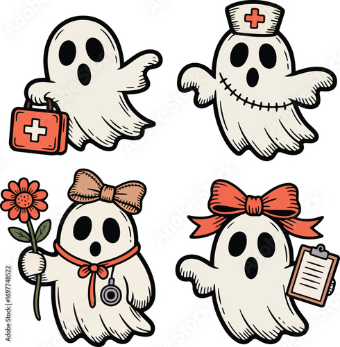 Four cute ghosts dressed as medical professionals cartoon nurse