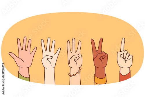 People hands show numbers from 1 to 5 , assessing quality of services received or goods purchased. Numbers one, two, three, four and five showing people of different races and nationalities
