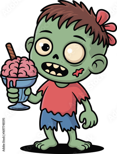 Green cartoon zombie holding a bowl of brains with a wafer vector