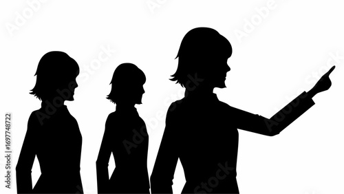 Silhouette of three women in business attire with the woman in front pointing to the right side view | editable eps vectors