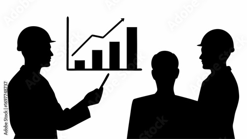 Silhouette of construction workers during a presentation with a rising bar graph and arrow shown | editable eps vectors