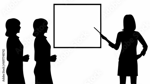 Silhouette illustration of a woman presenting to two attendees using a pointer and a whiteboard frame | editable eps vectors