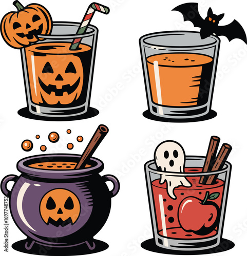 Halloween drinks and cauldron with spooky decorations pumpkin jackolantern