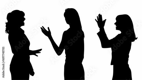Three women in silhouette gesturing and talking with each other on a white background in conversation | editable eps vectors