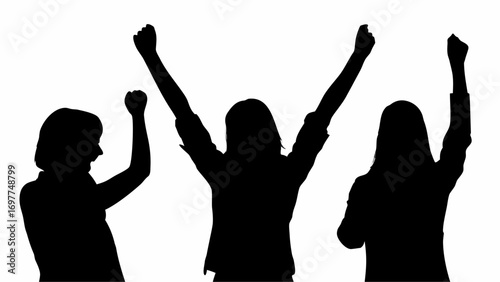 Three silhouettes of women with raised arms in a celebratory gesture against a white background scene view | editable eps vectors