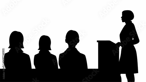 Silhouette illustration of a woman giving a presentation to an audience of three people in a room | editable eps vectors