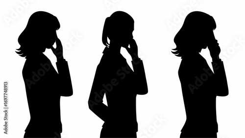 Three silhouettes of women in business attire holding phones to their ears in a row formation view | editable eps vectors