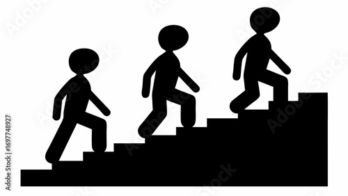 Three stick figures ascending a staircase in silhouette against a white background in a simple illustration | editable eps vectors