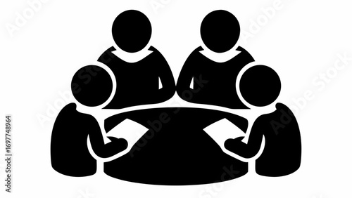 Illustration of four people sitting around a round table holding papers in a meeting or discussion session | editable eps vectors silhouette