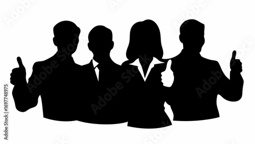 Silhouette of four business people giving thumbs up in agreement and approval in black and white design | editable eps vectors