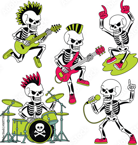 Punk rock skeletons playing instruments and singing music band