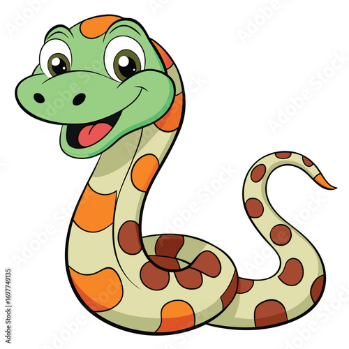 Cartoon Smiling Snake with Green Head on White Background