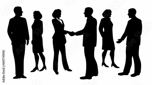 Silhouette illustration depicting a group of business people with two shaking hands in the center | editable eps vectors