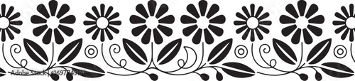 Floral Border Vector Illustration with Black Flowers and Leaves on Transparent Background Ornament