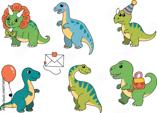 Six cute cartoon dinosaurs with party hat balloon and letter green blue