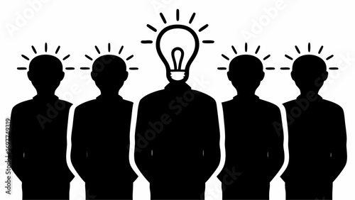 Group of people silhouettes with lightbulb head representing idea generation and innovation concept | editable eps vectors