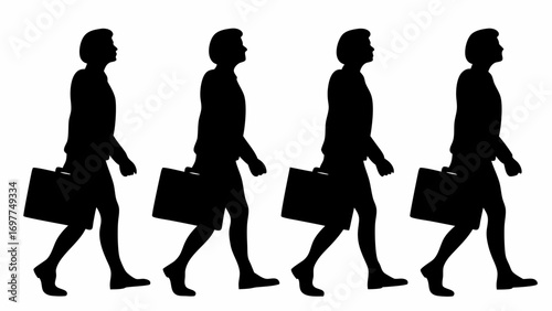 Four silhouettes of business people walking with briefcases in a row on a white background in a pattern | editable eps vectors