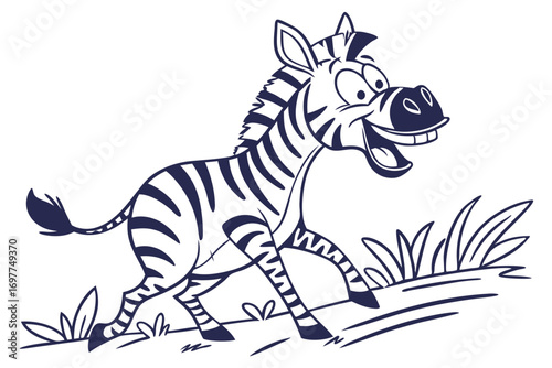 Cartoon Smiling Zebra Running Through Grass On White Background Design