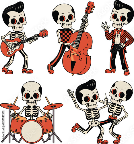 Skeletons playing music and dancing in retro style rockabilly